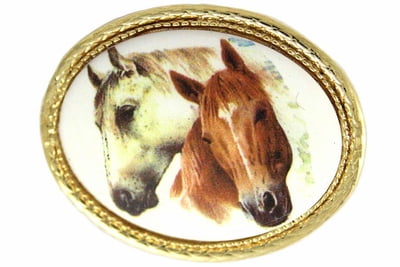 Brown & White Horse Gold Tone Oval Pin by
