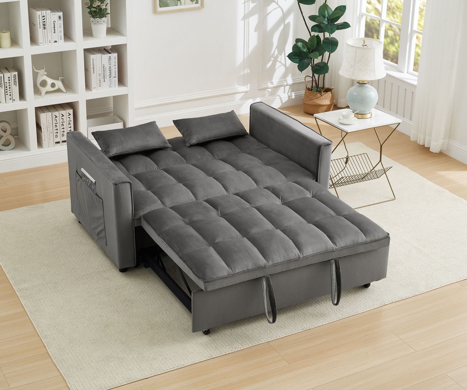 Pull Out Sofa Bed,Full-Size Sleeper Sofa,Velvet Convertible Loveseat Counch with Side Strong Pocket,Multi-Function 2-Seater Sofa Bed with Wheels for Living Room Apartment Guest Room,Gray
