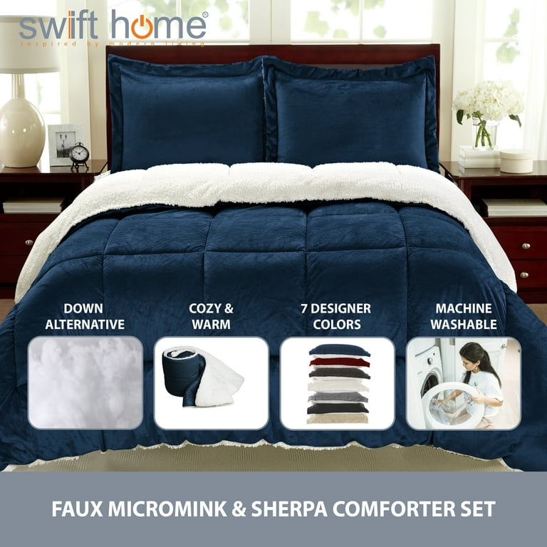 3PC Navy Full (76 x 86) Sherpa & Faux Micromink Comforter and Sham  Bedding Set Reversible Ultra Plush 
