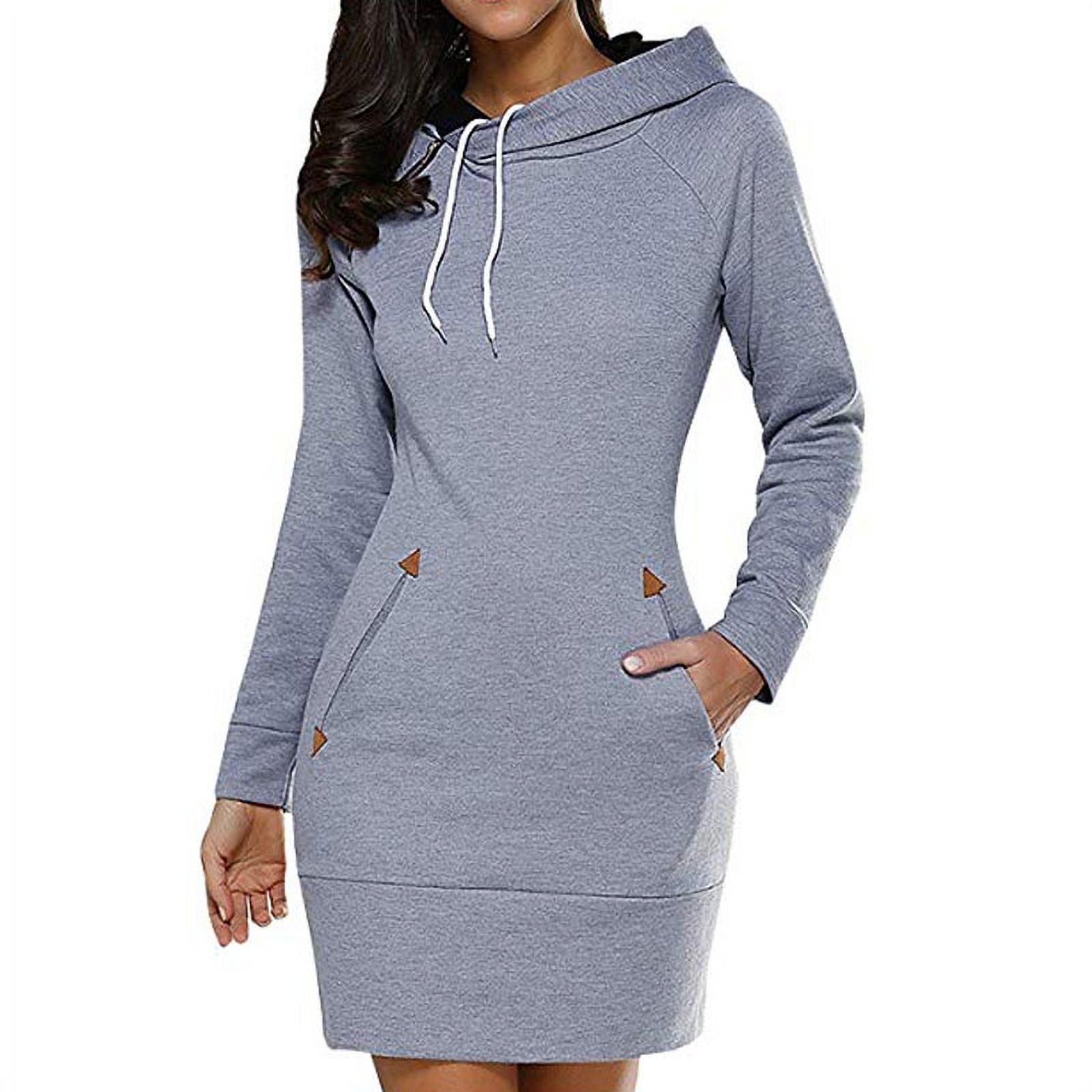 Womens Long Sleeve Hooded Anything Once Loose Casual Pullover Hoodie Dress Tunic Sweatshirt Dress with Pockets