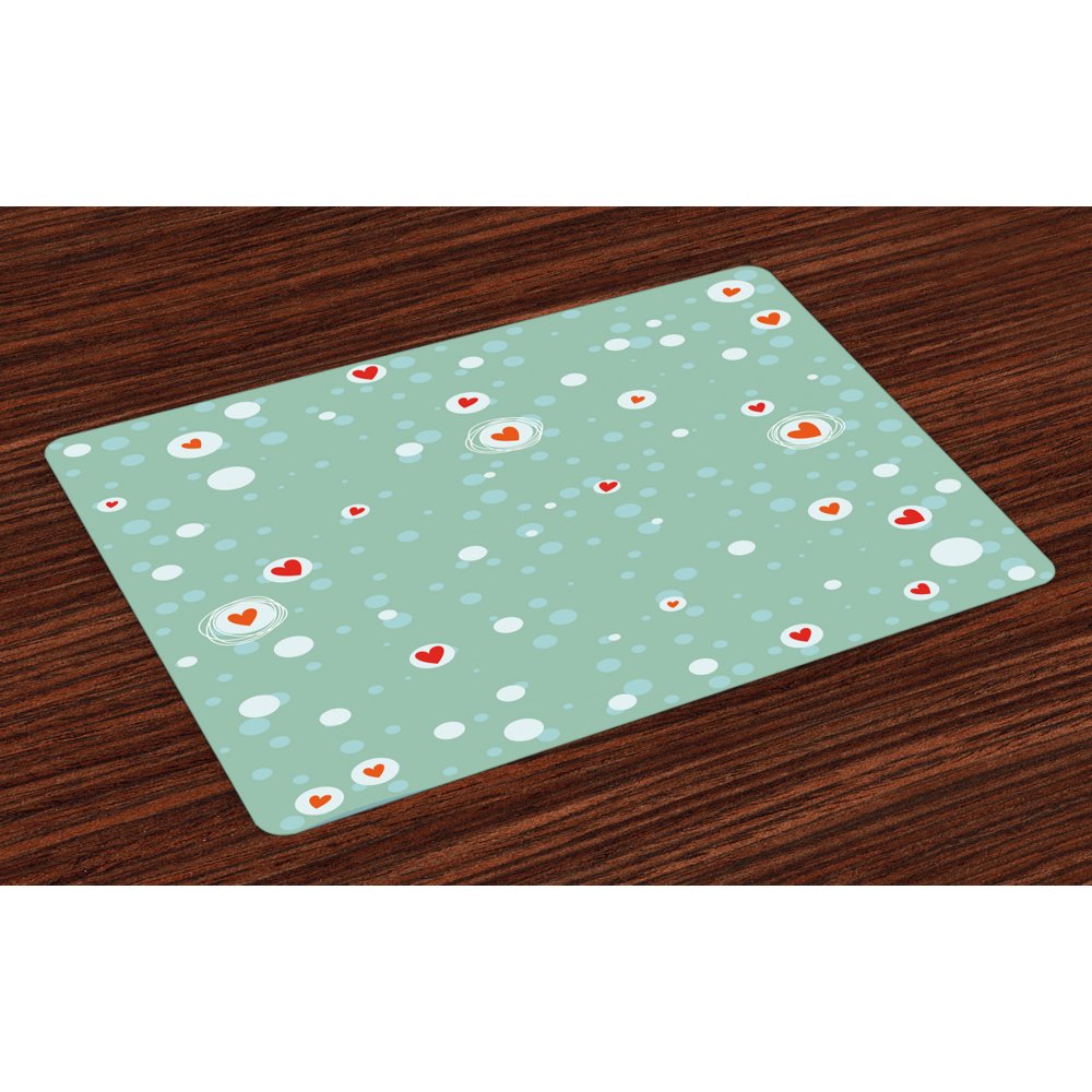 Aqua Placemats Set of 4 Sketchy Circles with Hearts and Abstract Dots
