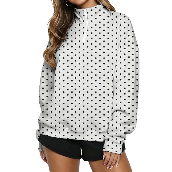 Women Polka Dot Print Half Zip Sweatshirt Long Sleeve Pullover Top Casual Stand Collar Loose Fit Sweatshirt Fashion Pocketed Sport Top for Spring Autumn Daily Wear S