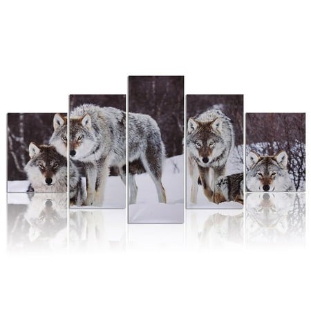 Abstract Painting Signed 5Pcs Modern Abstract HD Snowfield Wolf Picture Unframe Canvas Painting Picture Print Home Wall Decor Gift ()
