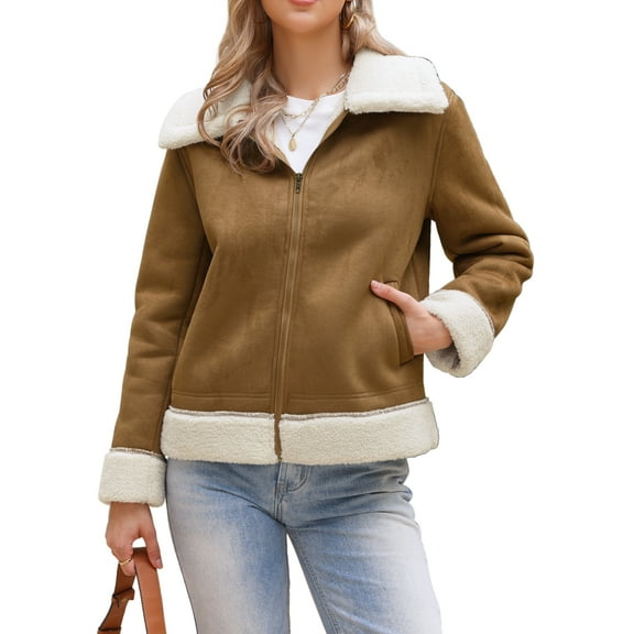 Faux Shearing Fur Winter Coat for Women Warm Thick Fur Lined Faux Leather Jacket XS Brown