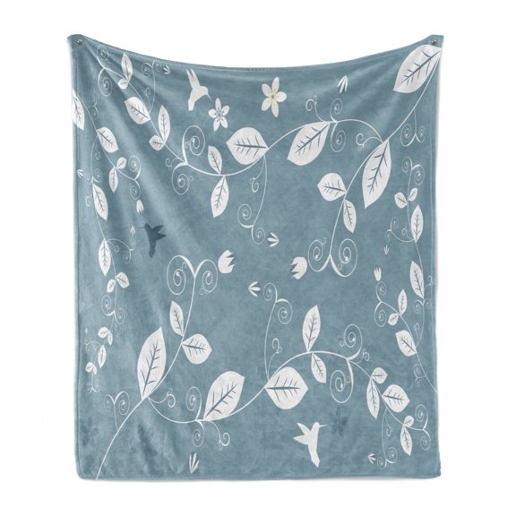 Floral Soft Flannel Fleece Blanket, Leaves Flowers Buds Blossoms Ivy Tulips Natural Botanic Modern Artwork Image, Cozy Plush for Indoor and Outdoor Use, 50" x 60", Slate Blue White, by Ambesonne