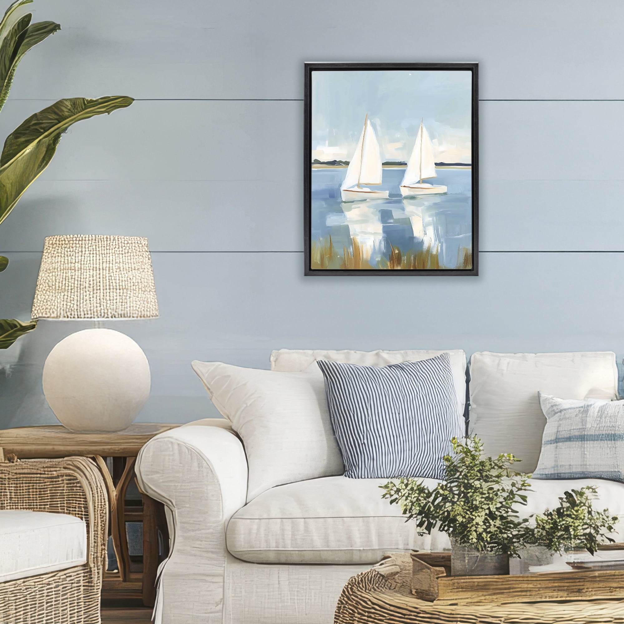 Stupell Industries Twin Sailboats By Shore Black Framed Floater Canvas Wall Art, design by The Prints Vibe