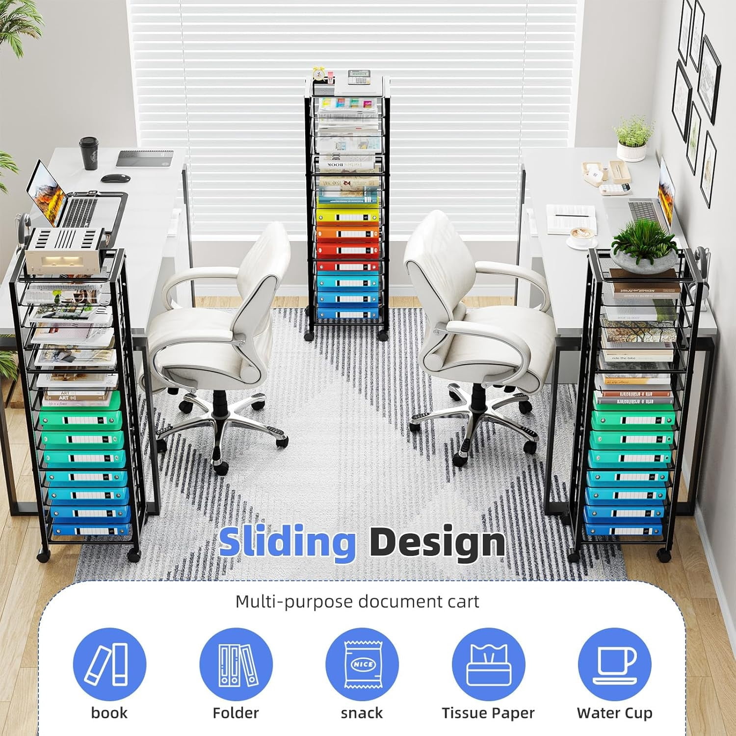 14 Tier Rolling File Cart, Desk File Organizer with Sliding Trays and Wetal Mesh Paper Letter Storage Multi-Functional Rolling Clutter Cart for Office, Home, School, Black