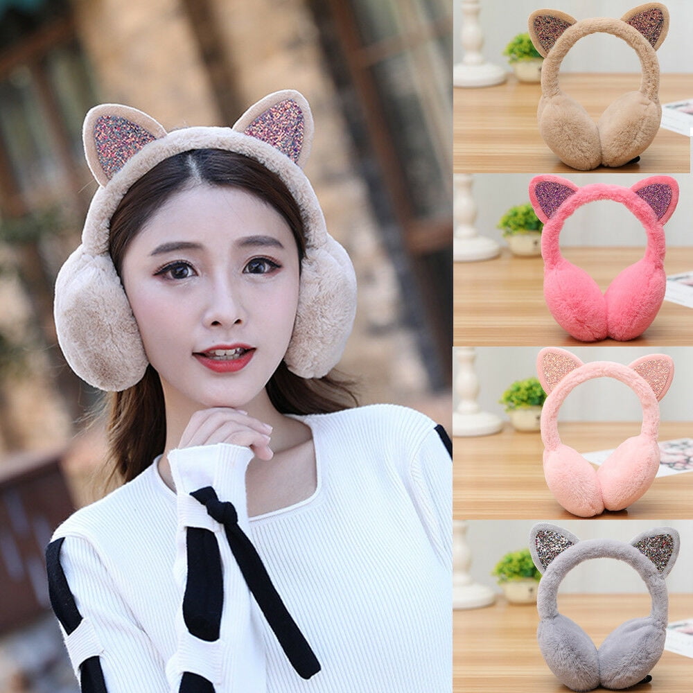 Fashion Earmuffs for Women Girls Faux Fur Winter Ear Warmer Plush Cat Ear  Muffs Sequin Headband Soft Accessories for Cold Weather 