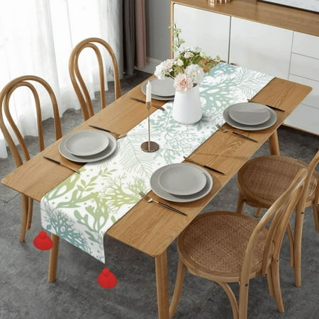 

Green Sea Blue Seaweed Table Runner Imitation Linen Table Runner With Red Tassels For Party And Dining Room 14 x 60