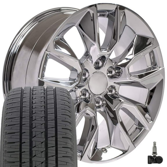 OE Wheels CV32 20 Inch Rims and Tires Fit Silverado 1500 RST Style 6x139.7 20x9 Chrome - Hollander 5916 - Dueler H/L Alenza 275/55-20 (Set of 4)