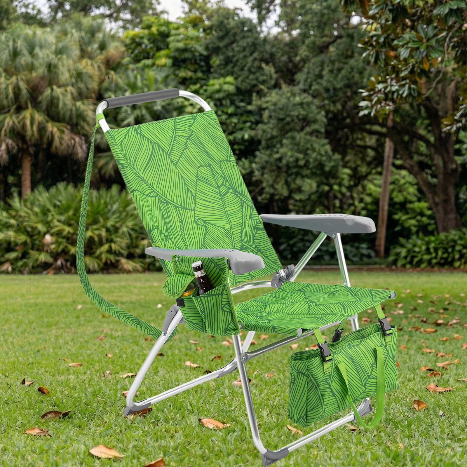 17" High Seat Folding Beach Chair, 7 Position Adjustable Recline Lounge Chair with Padded Headrest, Aluminum Frame Supports 265lbs with Cup Holder Side Pocket & Detachable Storage Tote