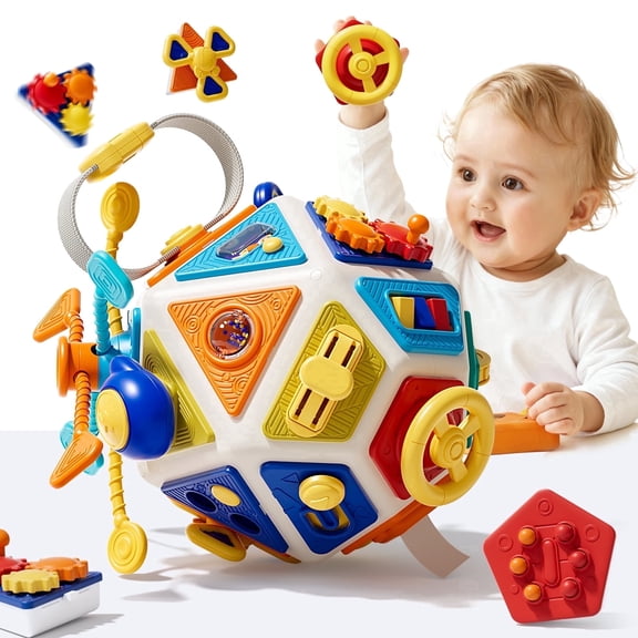 KNMDU Toddler Busy Board Cube for Ages 1-3, 22 Activities, Fine Motor Skills Sensory Learning Toy, Portable Travel Activity Gift for Boys and Girls