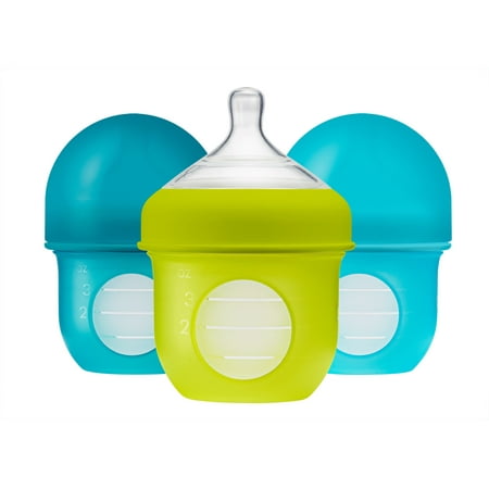 Boon Nursh Reusable Silicone Pouch Baby Bottle, Air-Free Feeding, Blue Multi Pack 4 Oz 3
