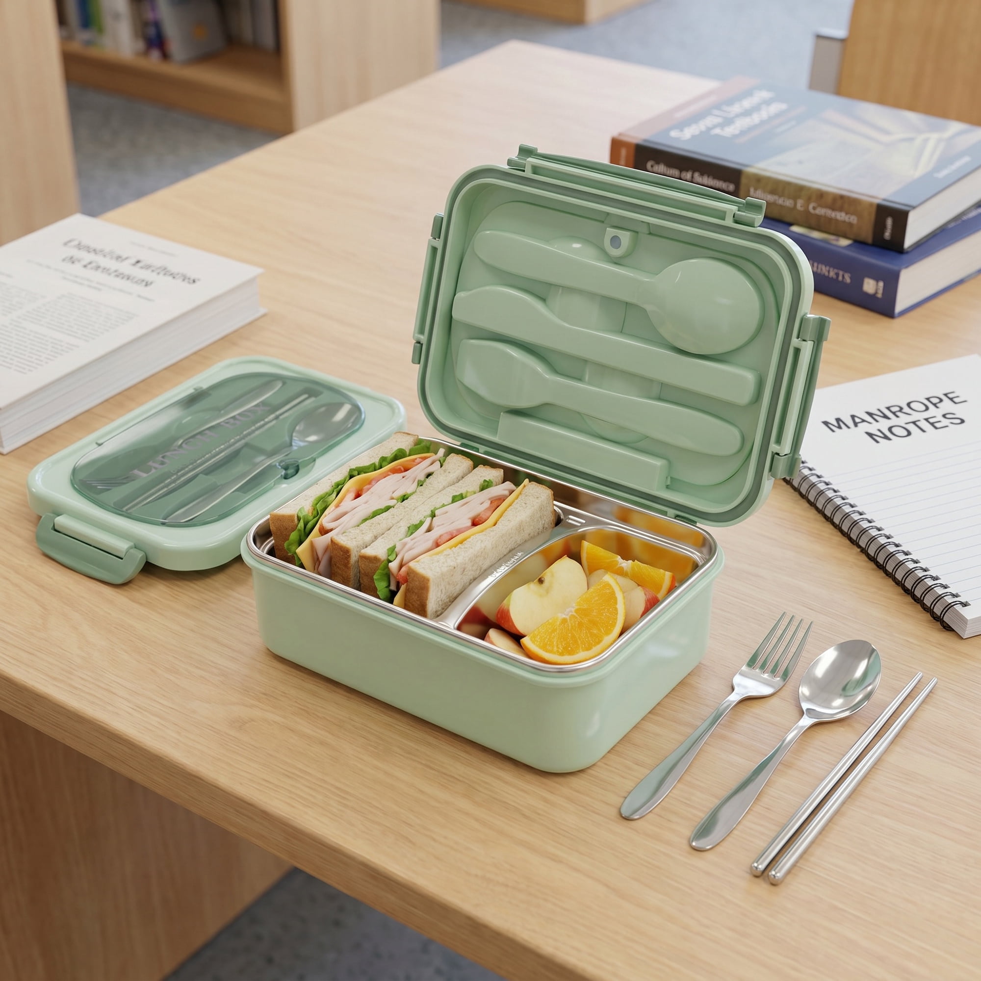 Unique Bargains 3-Compartment Leak-Proof  Lunch Bento Box with Utensils Mint Green-2