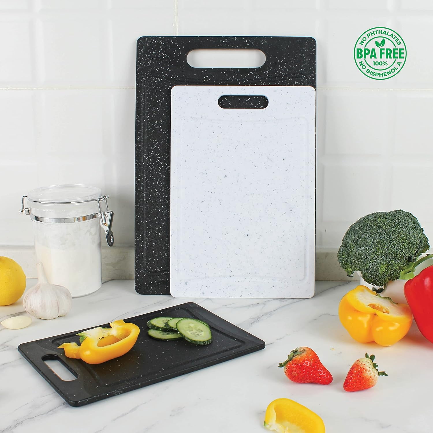 COOK WITH COLOR 3-Piece Cutting Board Set, Non-slip Chopping Board Kitchen Utensils Set Home Essentials, Black White