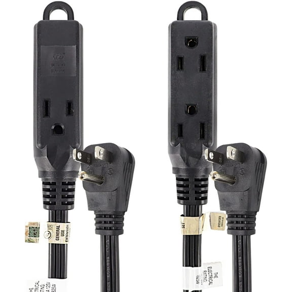 EP 2 Pack 15 Ft Black 3 Outlet Extension Cord with Flat Plug, 16 AWG SPT-3 Durable Power Cable for Indoor Use