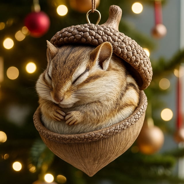Adornos navideños de bellotas de animales del bosque en 2D