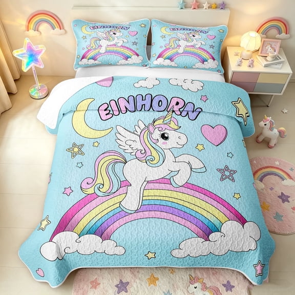 Manfei Rainbow Unicorn Twin Quilt Set, Cartoon Magic Animal Twin Coverlet Set, Blue, 2pcs, 1 Bedspread and 1 Pillowcase
