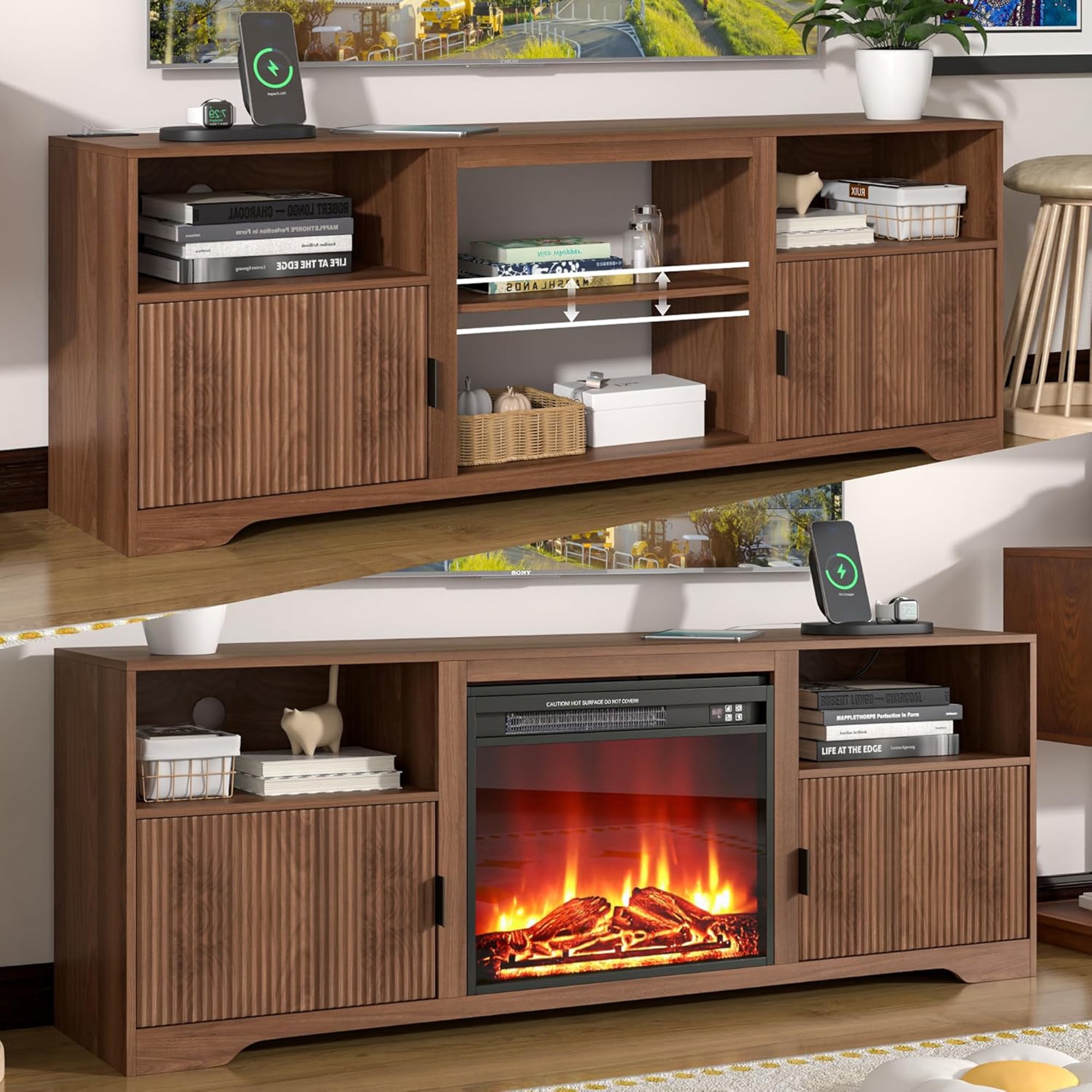 LUCKYELF Fireplace TV Stand, Entertainment Center for TVs up to 80", Wood Media Console for Living Room, Bedroom, Walnut