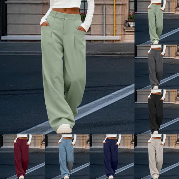 felwors Women's High-Waisted Wide Leg Trousers with Pleats Pockets Stretchy Casual Dress Pants for Work Office and Everyday Wear(Green, M)