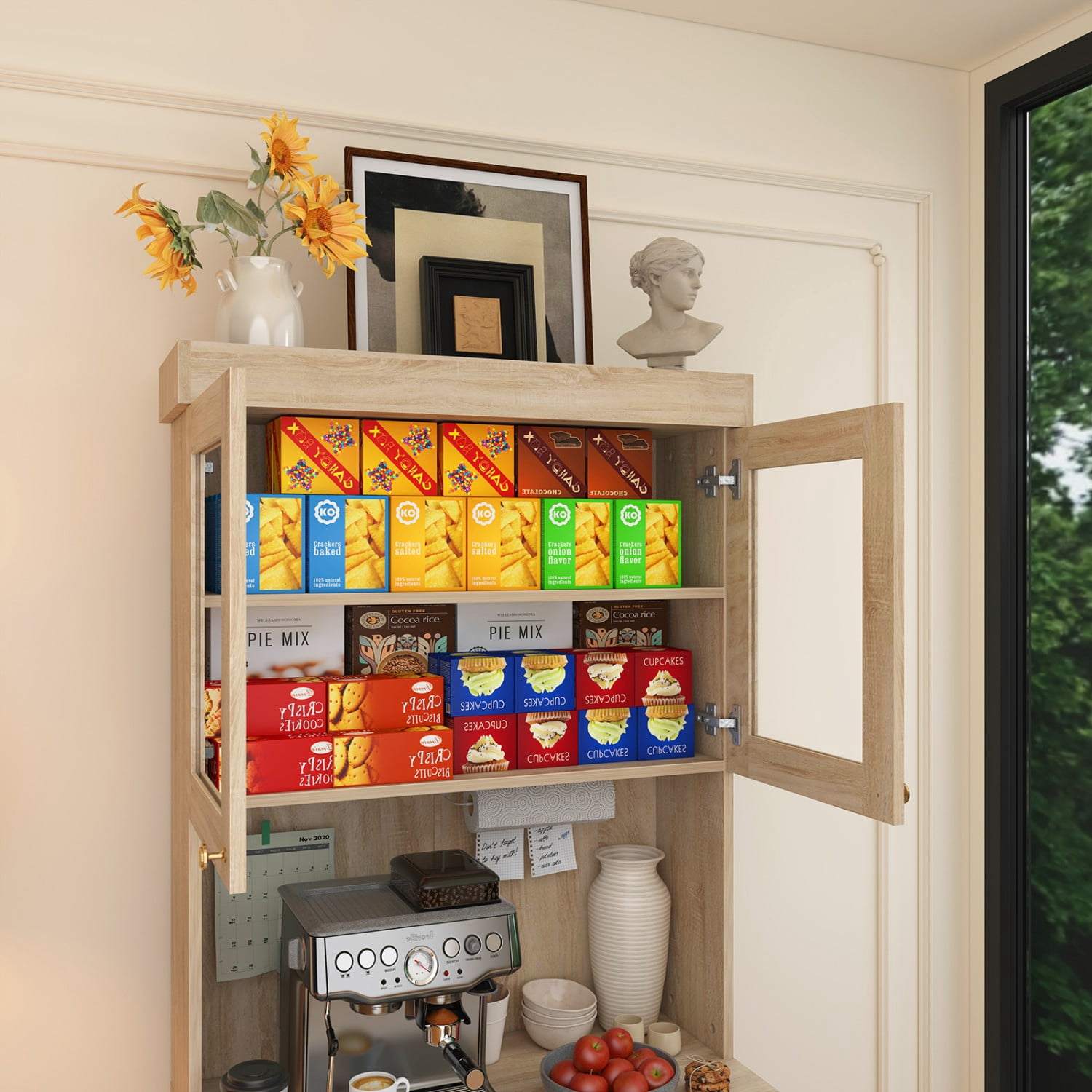 71" Kitchen Pantry Cabinet, Large Kitchen Food Hutch Storage Cabinet with Doors, Drawers & Adjustable Shelves, Tall Modern Coffee Bar with Microwave Stand for Kitchen Living Room,Brown 4PCS