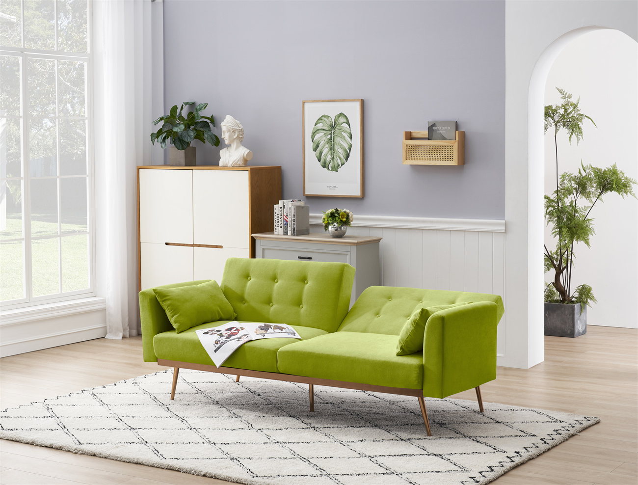 Cotton Living Room Folding Sofa Bed with Removable Handrail, Convertible Recliner Futon Couch