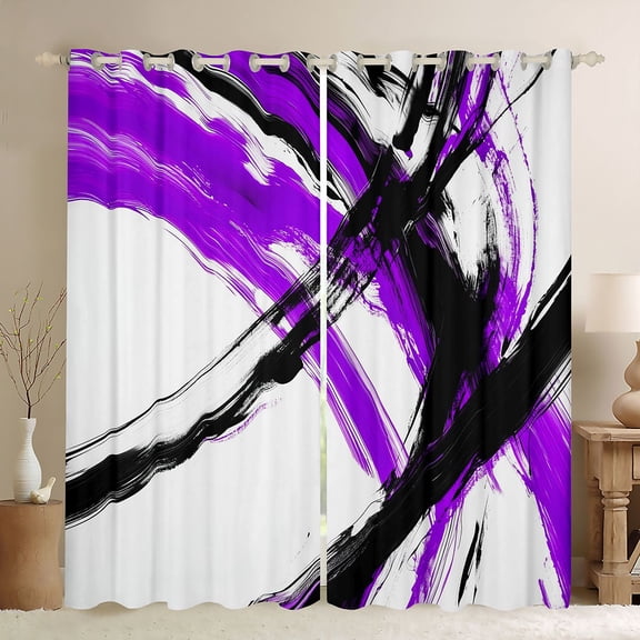 Manfei Abstract Brushstroke Kitchen Curtains, Watercolor Art Black Out Curtains Pack of 2 (42x63 Each), Purple, Black and White