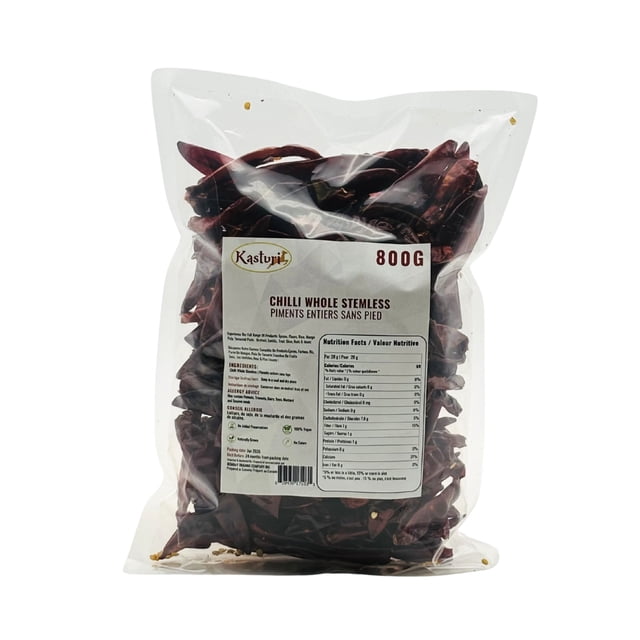 Kasturi Piment Entier Sans Pied – Piments Rouges Secs / Épice Pure Naturelle / Végétalien Non OGM / Piment Séché Sain pour la Cuisson / Épice Indienne Entière (800 Grammes)