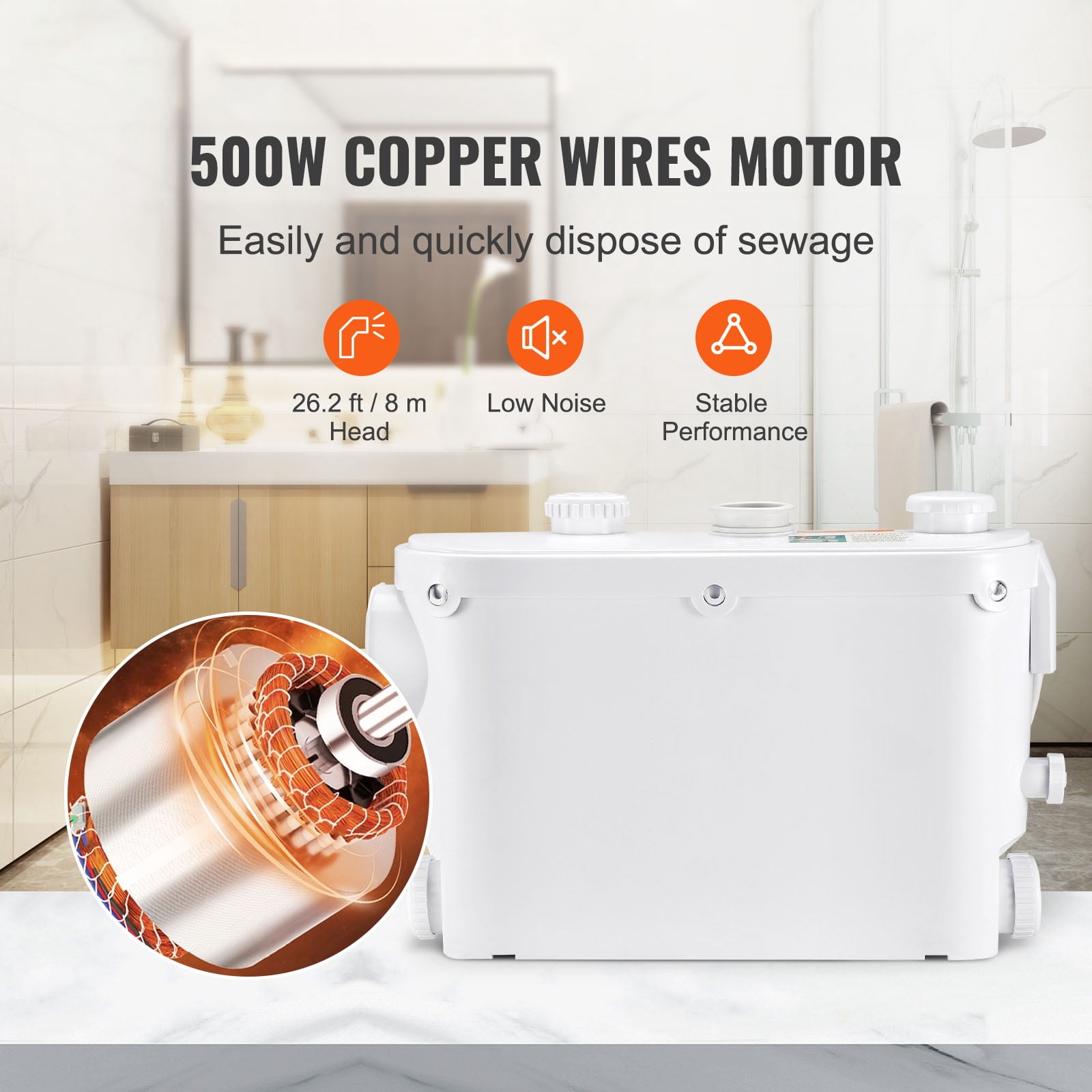 KFFKFF 500W Macerator Pump, 29 GPM Flow Rate, 26 ft/8 m Head, Wall-Mounted Toilet Pump with 4 Water Inlets, Upflush System for Waste Disposal in Toilets, Basements, Showers, Sinks, Laundry Areas