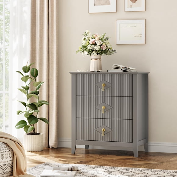 3 Drawer Dresser for Bedroom, 27.5"W Wooden Chest of Drawers with Metal Handles, Fluted Clothes Storage Organizer, Dresser Narrow Nightstand, Grey