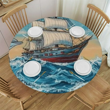 

Orinice Ships Dolphins Round Tablecloth 100% Polyester Stain-Resistant Washable for Indoor Outdoor Restaurant Wedding Party Home Kitchen Decoration 46 -50