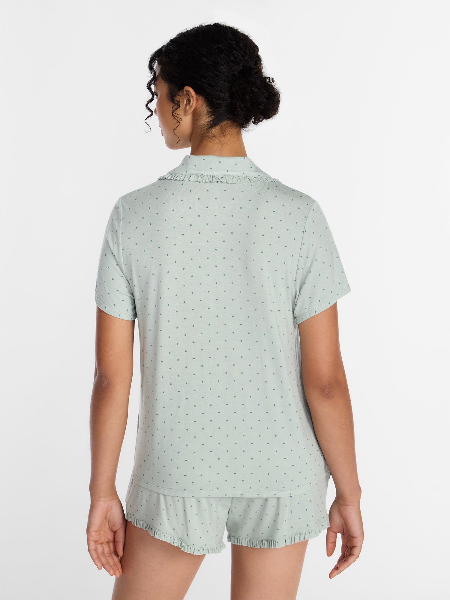 Joyspun Women’s Modal-Blend Ruffle Trim Notch Collar Top and Shorts Pajama Set, 2 Piece, Sizes XS-3X