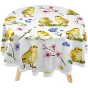 SKYSONIC Watercolor Easter Chickens Round Tablecloth 60inch Indoor Wrinkle Free, Spring Flowers Circular Lace Table Cover Washable for Kitchen Party BBQ Dining Decor