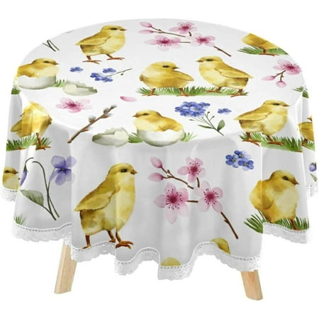 SKYSONIC Watercolor Easter Chickens Round Tablecloth 60inch Indoor Wrinkle Free, Spring Flowers Circular Lace Table Cover Washable for Kitchen Party BBQ Dining Decor