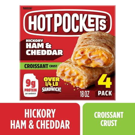 Hot Pockets Ham and Cheddar Croissant Crust, Air Fryer Sandwich Snacks, 18 oz, 4 Pack (Frozen)