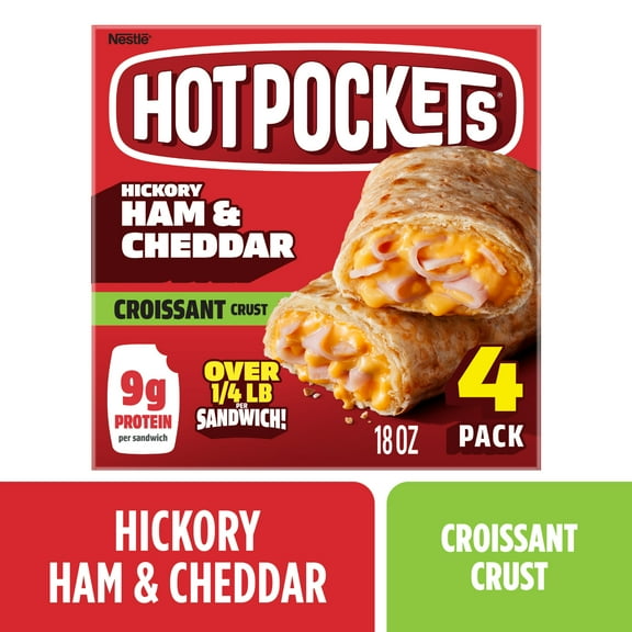 Hot Pockets Ham and Cheddar Croissant Crust, Air Fryer Sandwich Snacks, 18 oz, 4 Pack (Frozen)