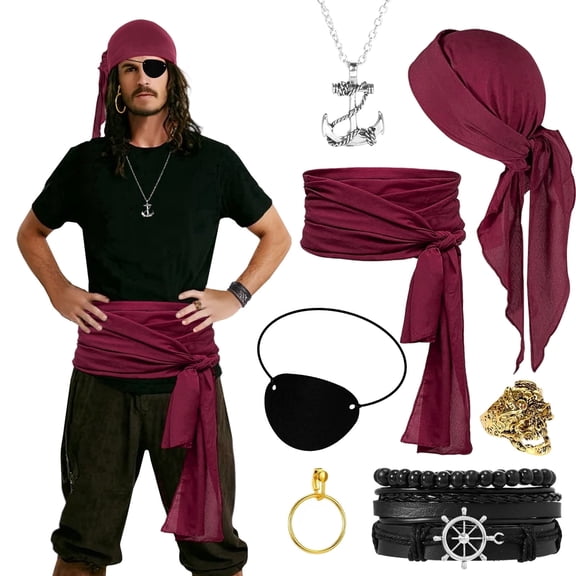 Alaiyaky 7 Pcs Pirate Accessories Set, Adult Captain Costume, Pirate Headscarf, Earrings,Ring,Eye Patch,Necklace,Bracelet,Hip Scarf for Halloween Cosplay Party