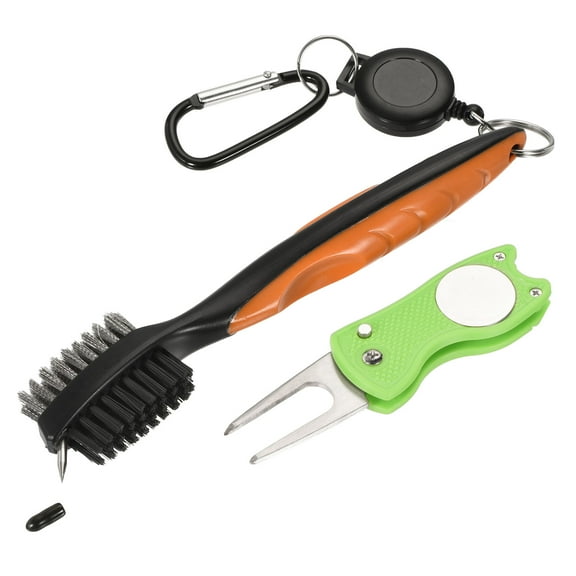 Uxcell Double Sided Retractable Dust Groove Cleaner with Divot Tool Golf Club Brush Orange Green