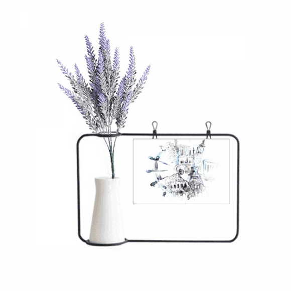 Globe Big Ben Eiffel Tower Watercolor Painting Artificial Lavender Flower Vase Bottle Card