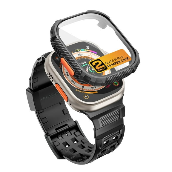 i-Blason Armorbox Compatible with Apple Watch Band [49mm] for Apple Watch Ultra, Rugged Durable TPU Watch Band with 2-Pack Bumper Cases [Built-in Tempered Glass Screen Protector], (Black)