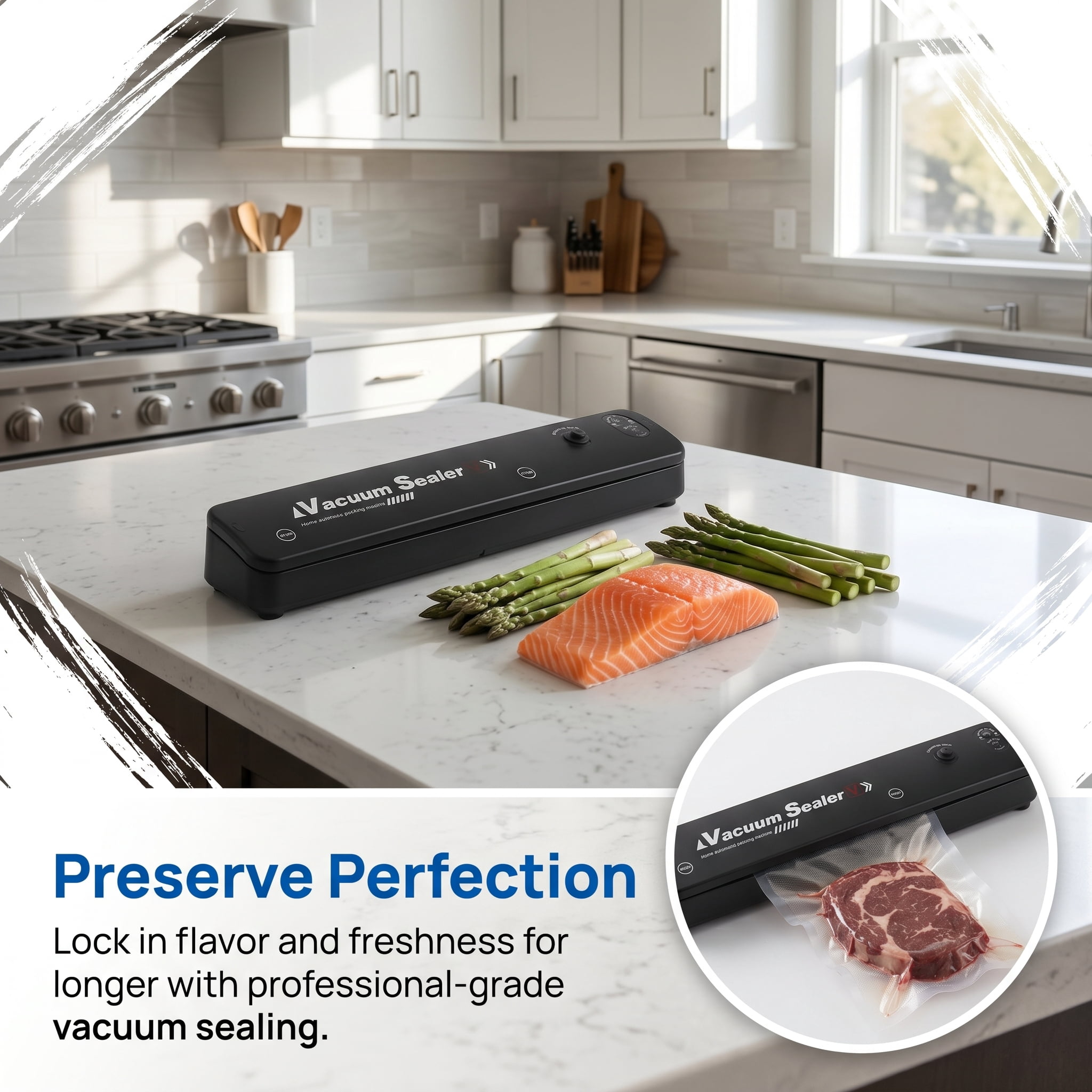 Automatic Vacuum Sealer Machine for Food Preservation, Professional Household Food Saver for Dry & Moist Modes,Compact 110V Electric Air Sealing System for Meal Prep and Storage,Includes Starter Bags
