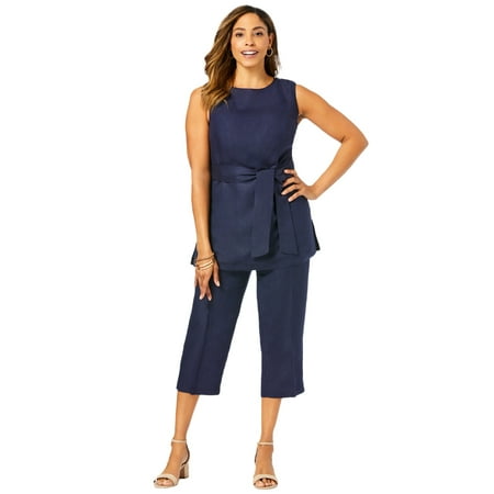 Jessica London Women's Plus Size Two Piece Sleeveless Tunic Top Capri Pants Linen Blend Set