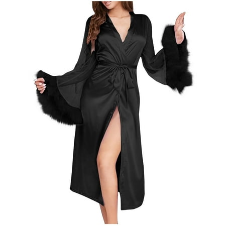 Satin Pajama Skirt Satin Long Bathrobe for Women Patchwork Mesh Sleeve Pajama Sleepwear Bridal Robes Loungewear Long Lingerie Gowns S-120 Black M