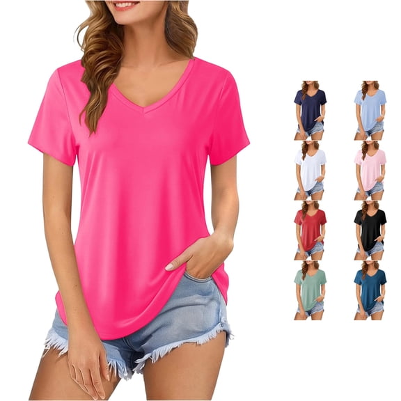 xfsWaSs Women Casual Short Sleeve T Shirts V Neck Tunic Tops Solid Color Loose Fit Tee Shirt Curved Hem Everyday Basic T-Shirts