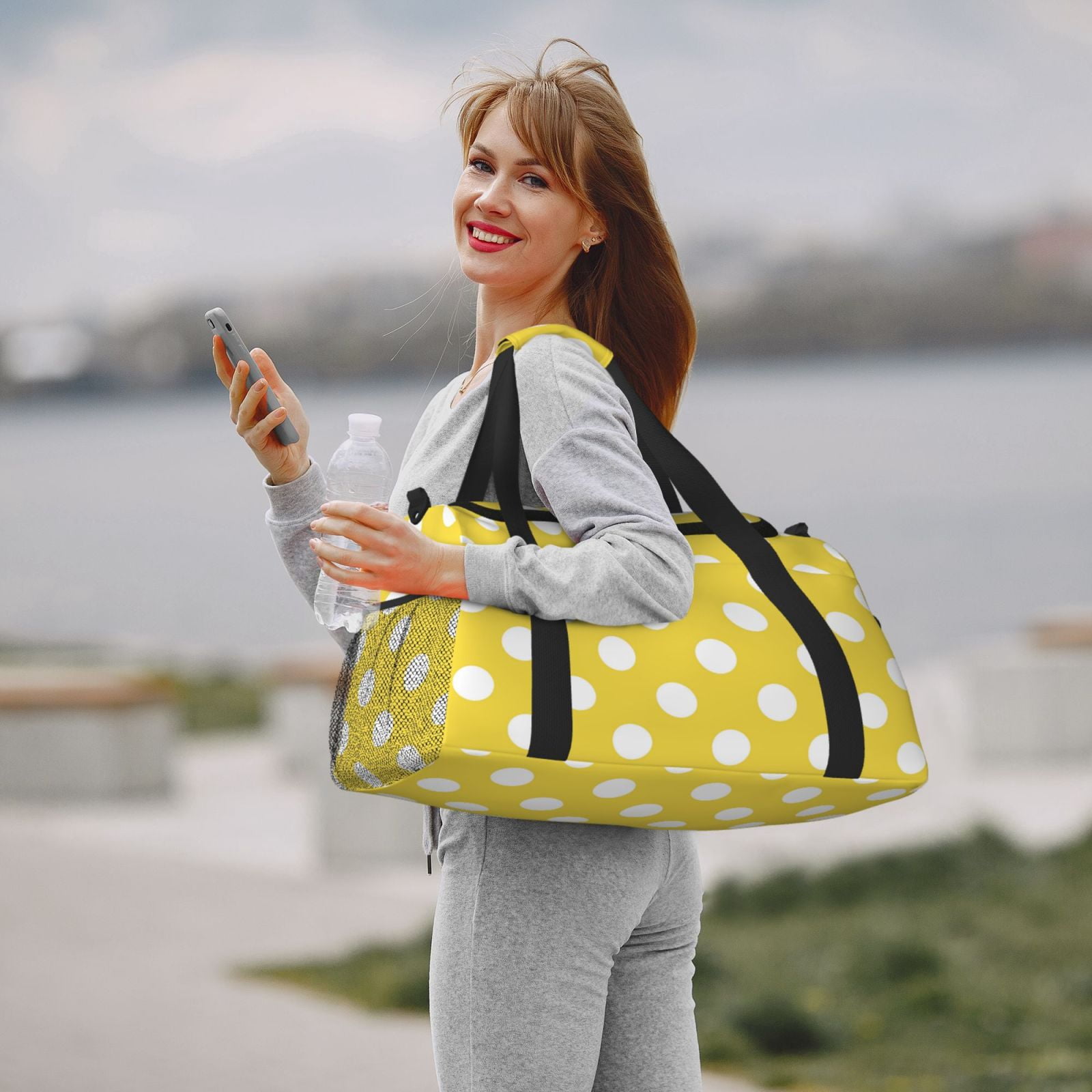Defioc Yellow And White Polka Dot Print Hand Travel Bag - Foldable Travel Duffel Bags for Men Women -Sport Gym Bag - Overnight Travel Duffel Bag - Adjustable Shoulder Strap