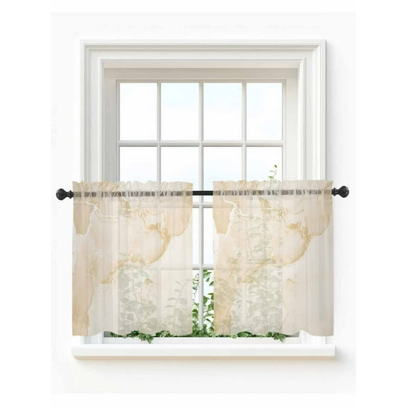 Marble Beige Tier Curtains 36 Inch Length,Sheer Curtains for Bedroom Living Room,Modern Abstract Ink Painting Luxury Rod Pocket Voile Drapes Kitchen Curtains Small Half Window 27.5"x36" 2 Panels