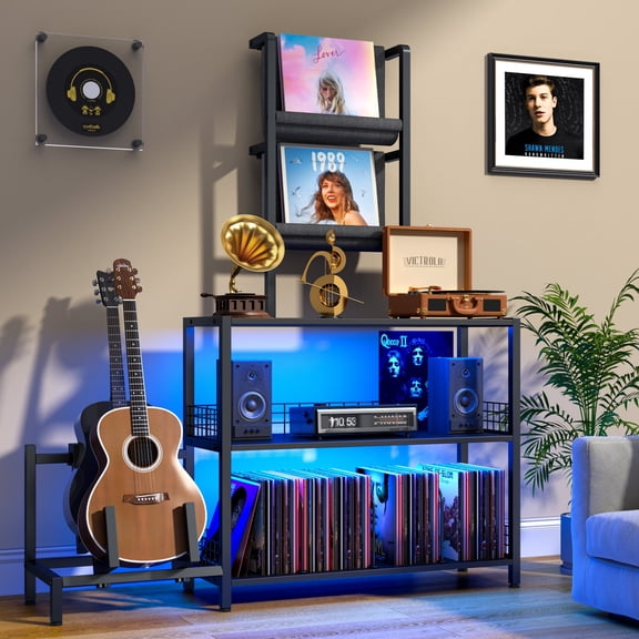 Display Shelf Bookshelf with RGB Lighting, Wooden Curio Cabinet Floor Lamp with Shelves, Vinyl Holder and Adjustable Stand, Record Player Stand Bookcase for Living Room Bedroom Décor (Black)