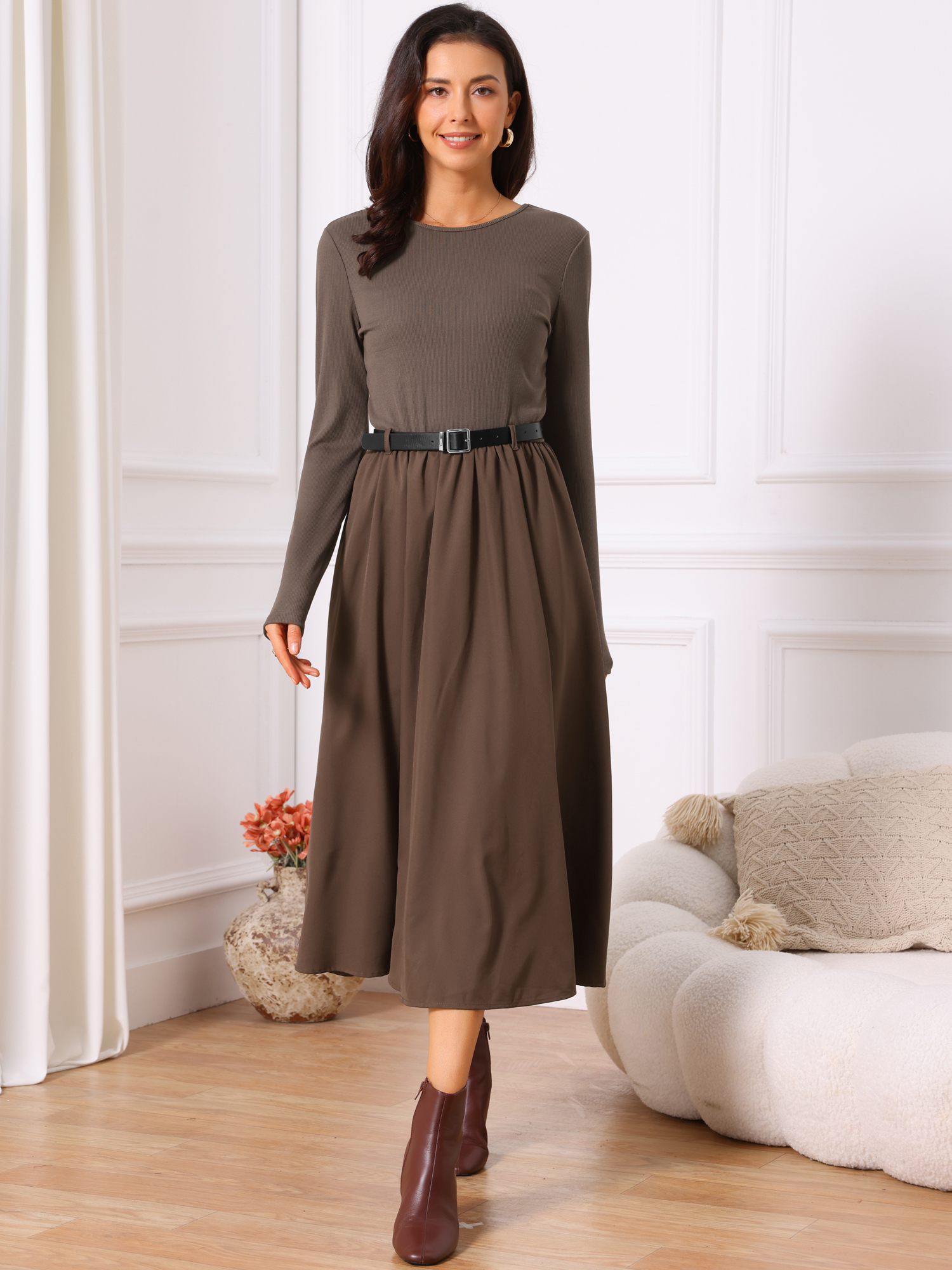 DARING DIVA Midi Dress Crewneck Long Sleeve Flowy Dress L Coffee