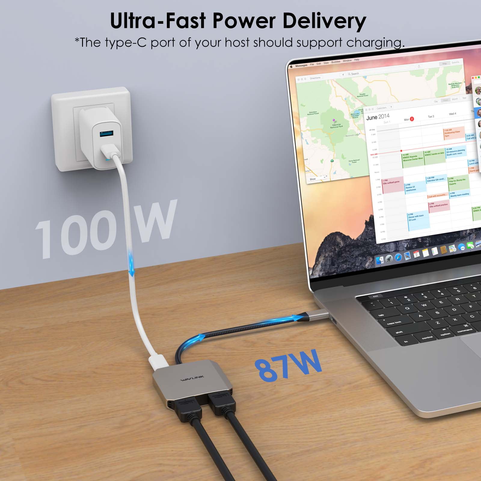 WAVLINK 4K@60Hz USB Hub, USB to Dual HDMI Adapter with 87W Charge for MacBook/Dell/HP/Lenovo Laptop