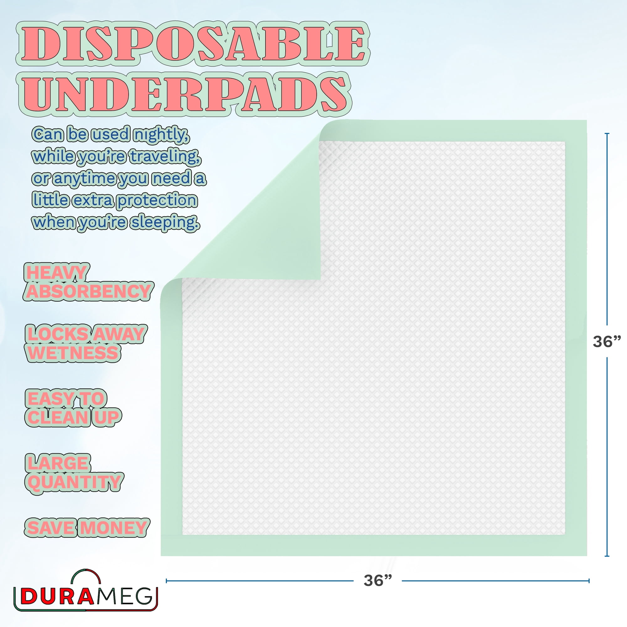 Chucks Pads Disposable [50-Pads] Underpads 36x36 Incontinence Chux Pads Heavy Absorbent Fluff Protective Bed & Pee Pads for Babies, Kids, Adults & Elderly | Puppy Pads Large for Training Leak Proof